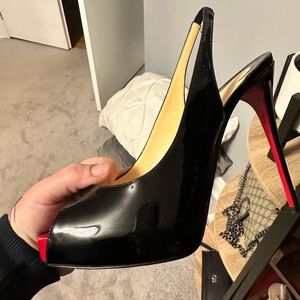 Authentic Christian louiboutin black patent leather peep toe sling back heels